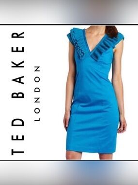 Ted Baker Ruffle V-Neck fine pleated ruffle Collar Midi Dress in Rich Blue